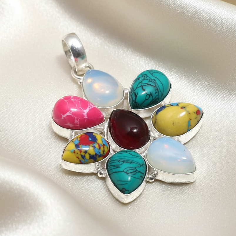 Montecito Riviera Blossom Pendant Necklace – Sterling Silver Multi-Gemstone Statement Necklace