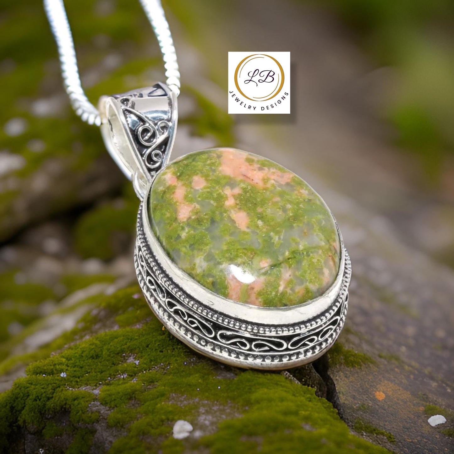 Natural Unakite Gemstone Sterling Silver Pendant 2.58"
