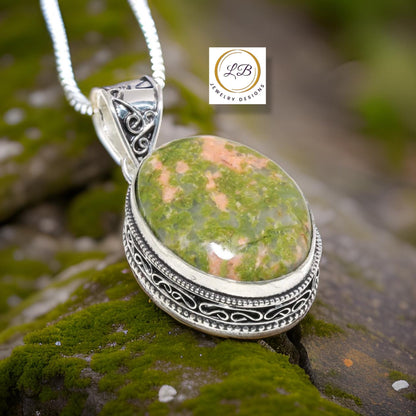 Natural Unakite Gemstone Sterling Silver Pendant 2.58"