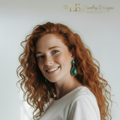 Green Onyx Teardrop Statement Earrings – 22k Gold Gemstone Dangles - 2”