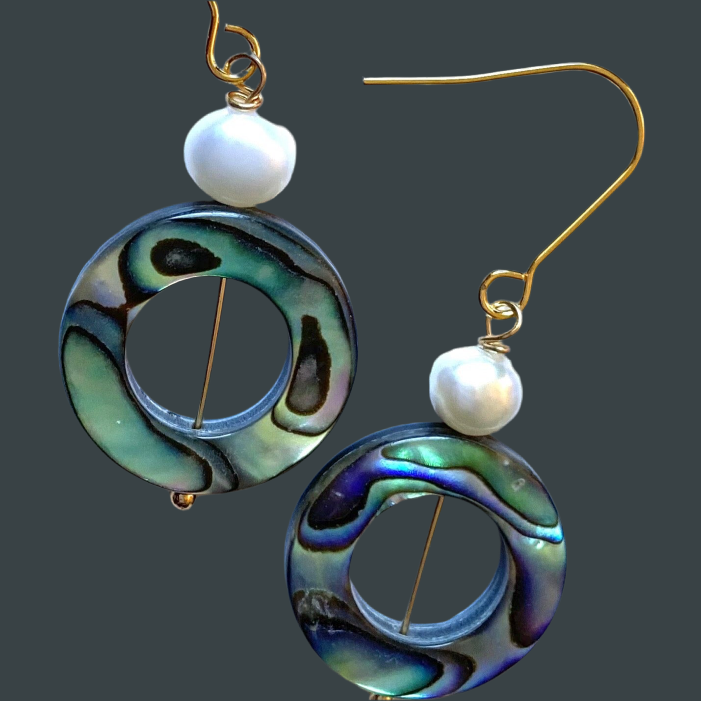 Iridescent Abalone and Baroque Pearl Gold Earrings