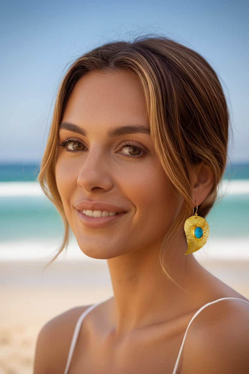 Capri Turquoise Hammered 22k Gold Vermeil Leaf Drop Earrings