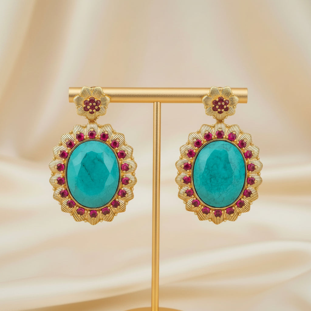 Capri Turquoise & Pink Pavé Floral Statement Earrings - 18k Gold Resort Earrings