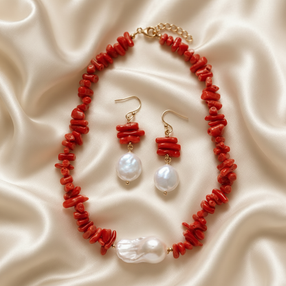 Ibiza Rosso Coral & Baroque Pearl One-of-a-Kind Jewelry Set – Coastal Luxury Coral Necklace & Pearl Drop Earrings