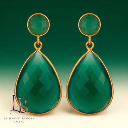 Green Onyx Teardrop Statement Earrings – 22k Gold Gemstone Dangles - 2”