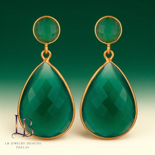 Green Onyx Teardrop Statement Earrings – 22k Gold Gemstone Dangles - 2”