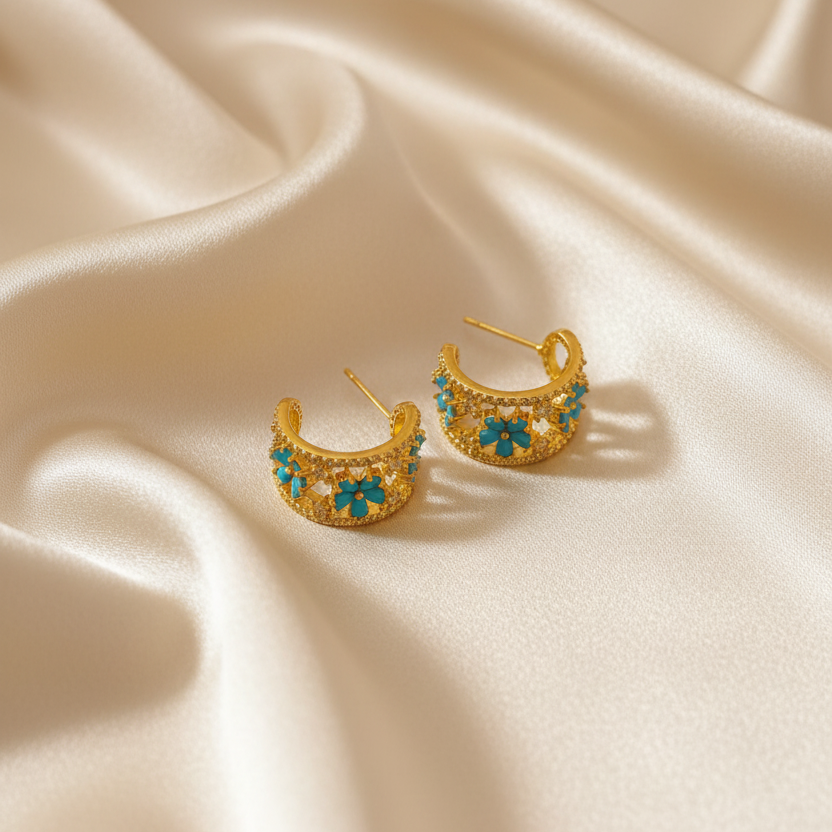 Capri Floral Turquoise Pavé Hoop Earrings