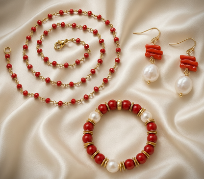 Capri Rosso Coral & Pearl Jewelry Set - Luxury Resort Necklace, Earrings & Bracelet