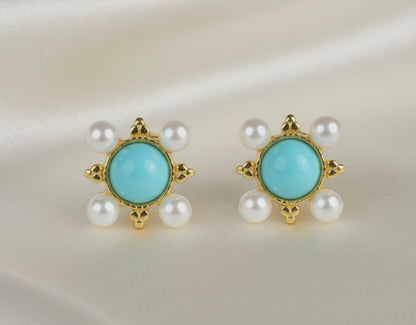 Capri Petite Turquoise & Pearl Stud Earrings – Sleeping Beauty Turquoise Gold Vermeil Studs