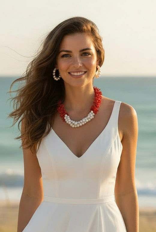 Ibiza Red Coral & Freshwater Pearl Triple-Strand Necklace - Luxury Coastal Statement Jewelry
