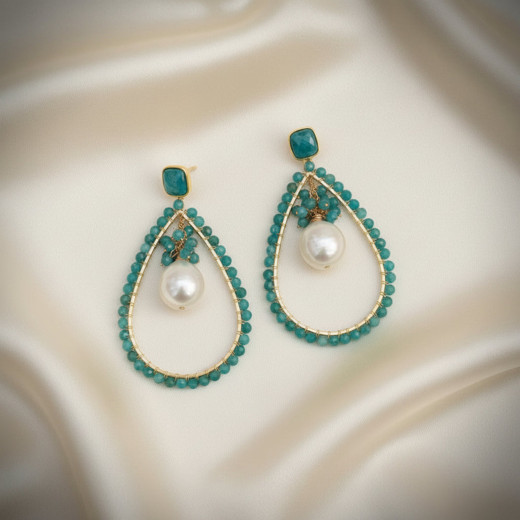 Capri Blue Apatite & Coin Pearl Statement Hoop Earrings
