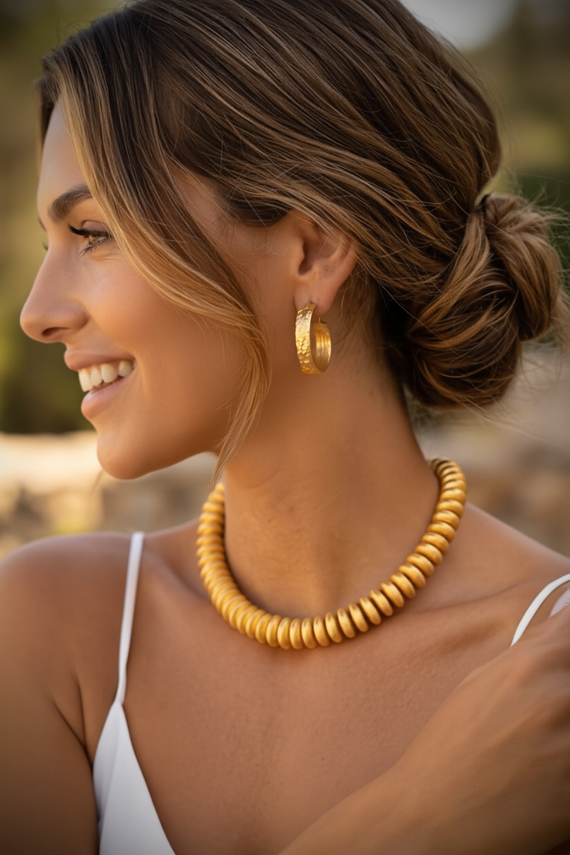 Montecito 22K Gold Vermeil Disc Beaded Jewelry Set – Sculptural Necklace, Bracelet & CZ Hoop Earrings