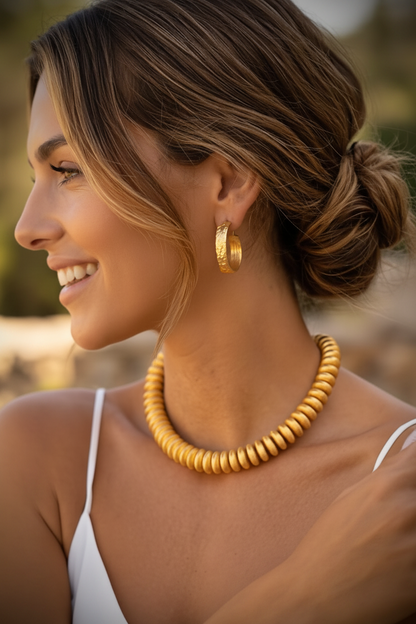 Montecito 22K Gold Vermeil Disc Beaded Jewelry Set – Sculptural Necklace, Bracelet & CZ Hoop Earrings