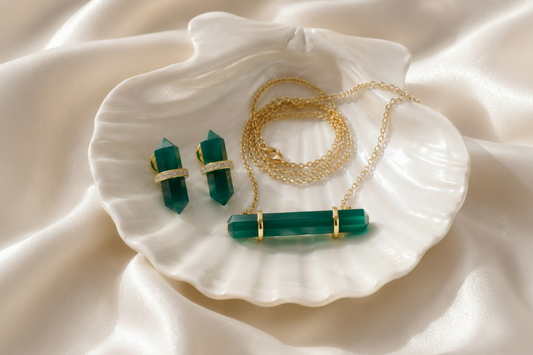 Montecito Emerald Green Onyx & Vermeil Crystal Bar Necklace and Stud Earring Set