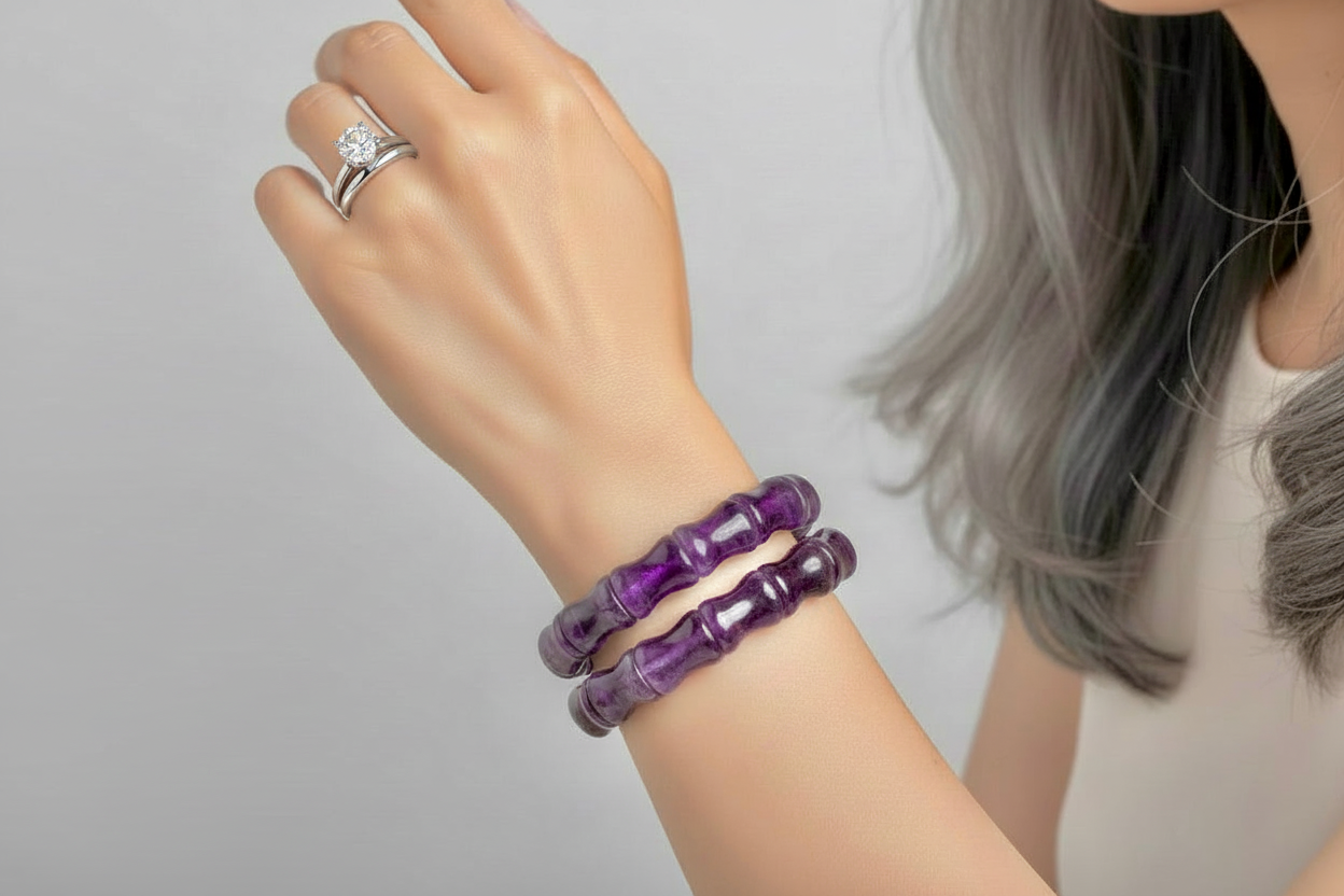 Purple Amethyst Gemstone Bamboo Bangle Bracelet