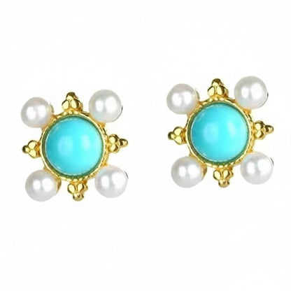 Capri Petite Turquoise & Pearl Stud Earrings – Sleeping Beauty Turquoise Gold Vermeil Studs