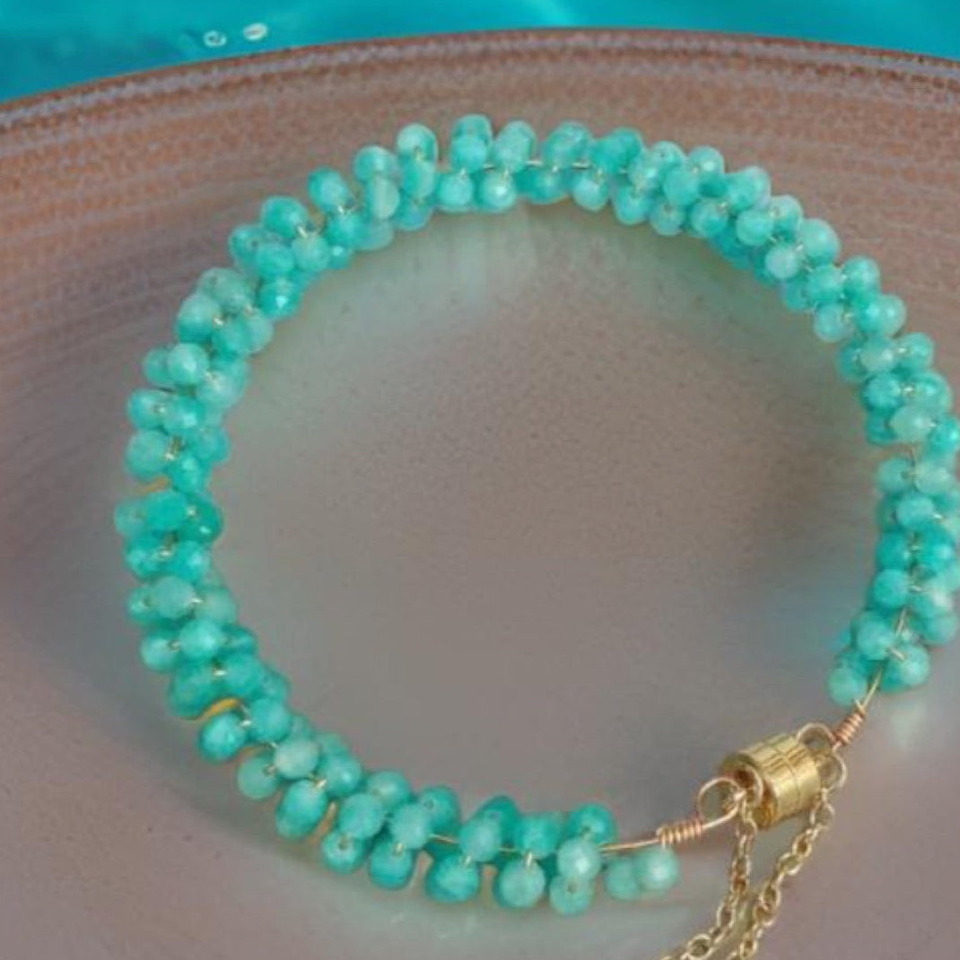 Larimar Gemstone Bracelet – Coastal Blue Faceted Bead Bracelet with Gold Magnetic Clasp
