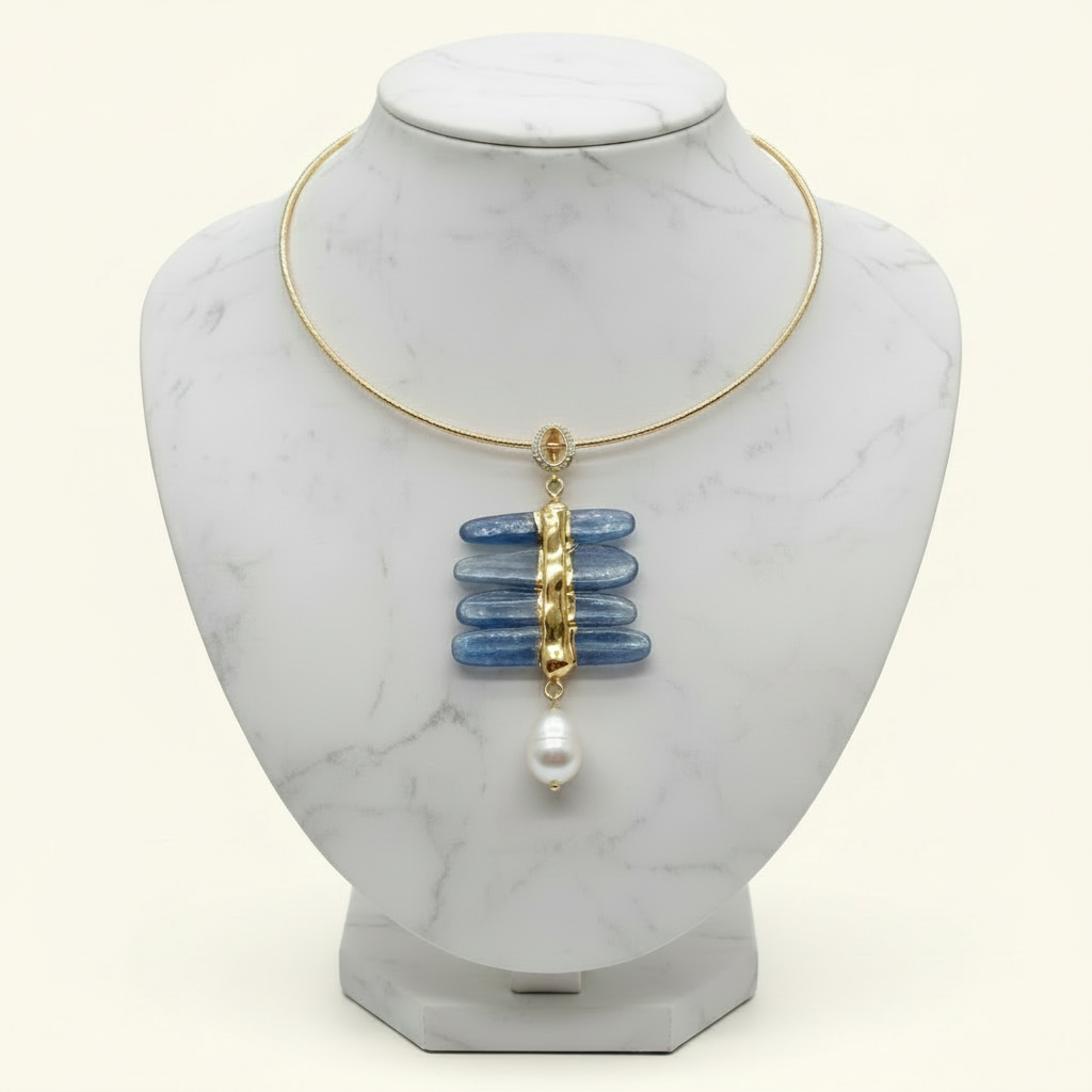 Capri Bleu Kyanite & Pearl Pendant Necklace – Luxury Blue Kyanite Gold Vermeil Necklace