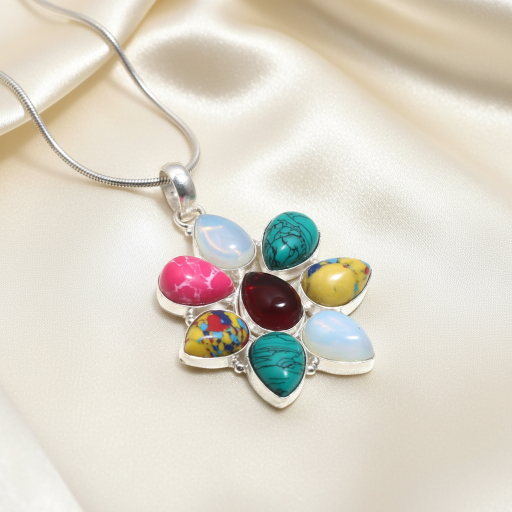 Montecito Riviera Blossom Pendant Necklace – Sterling Silver Multi-Gemstone Statement Necklace