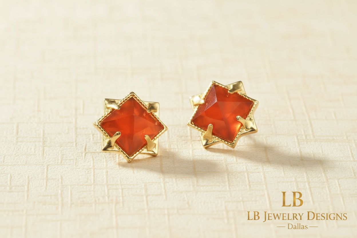 Orange Carnelian Gemstone Pyramid Stud Earrings - 24k Gold Vermeil