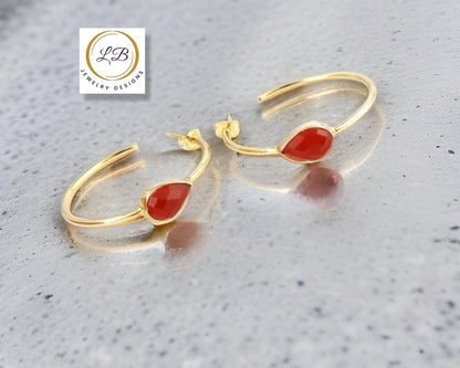 Orange Carnelian Gold Hoop Earrings 2.25”