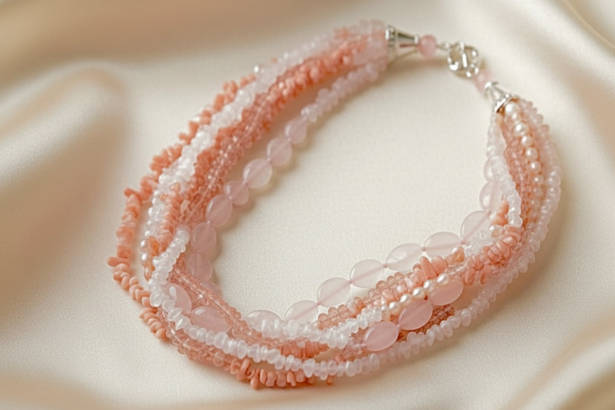 Capri Blush Six-Strand Necklace - Pink Coral, Baroque Pearl & Rose Quartz Luxury Statement Jewelry