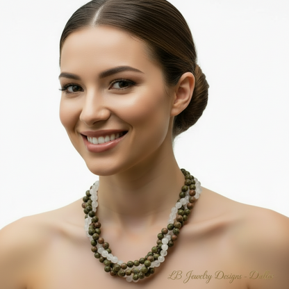 Montecito Earthstone Necklace: Unakite & Rose Quartz Triple-Strand Statement Necklace - 24” Natural Gemstone Jewelry