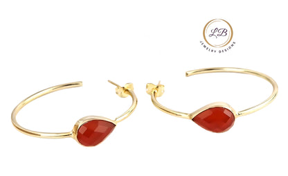 Orange Carnelian Gold Hoop Earrings 2.25”