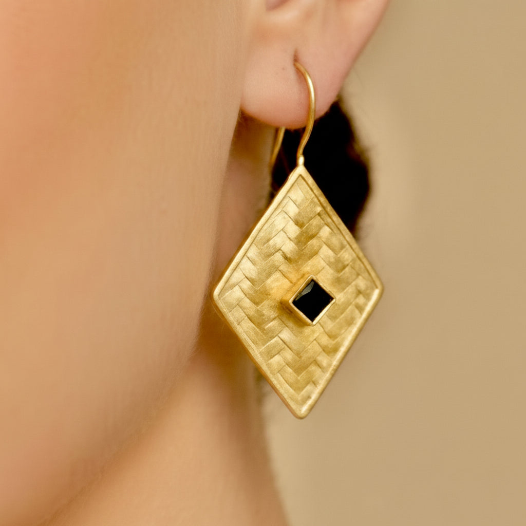 Capri Noir Black Onyx Basket Weave Gold Vermeil Statement Earrings