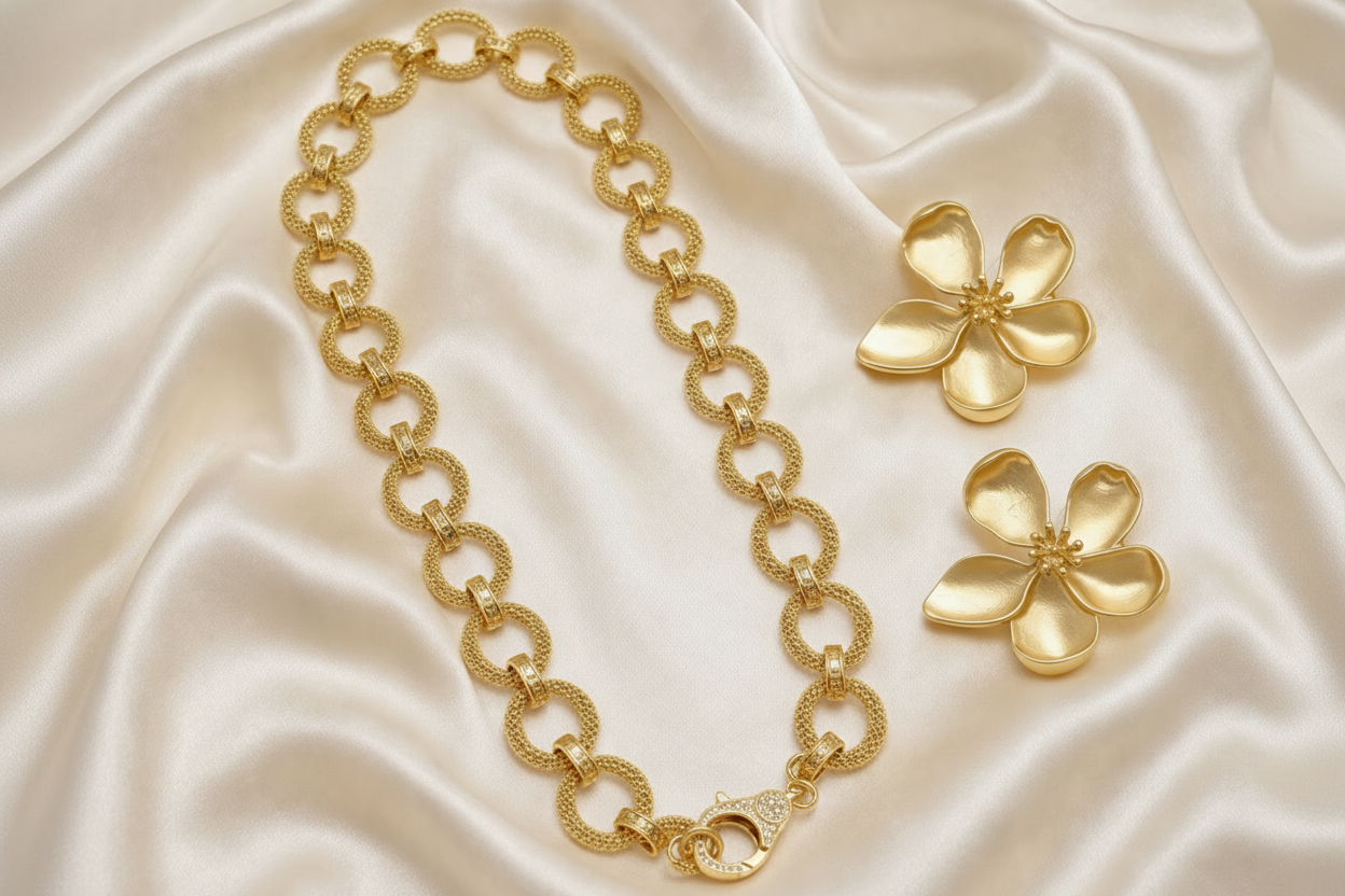 Montecito Gold Link Necklace & Vermeil Floral Stud Earring Set - Coastal Luxury Jewelry