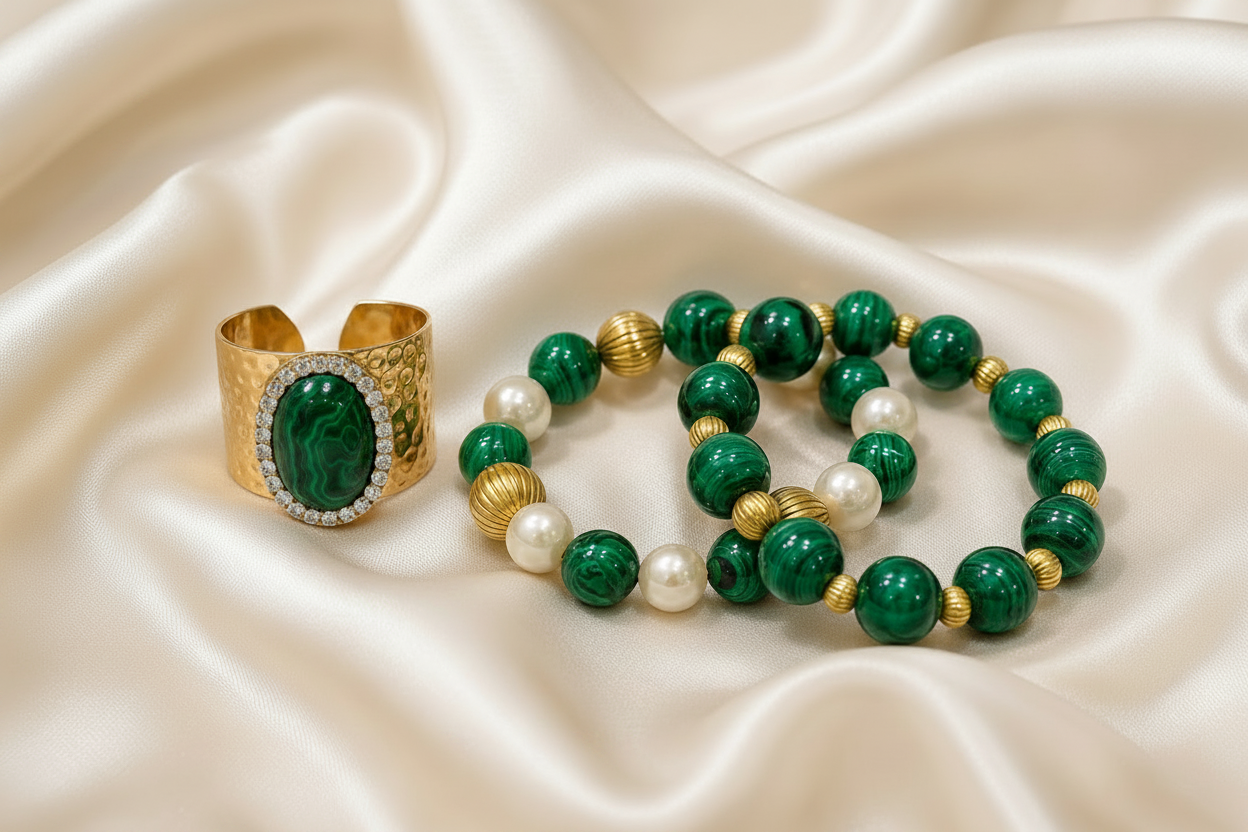 Montecito Malachite & Freshwater Pearl Bracelet Stack & Statement Ring Set