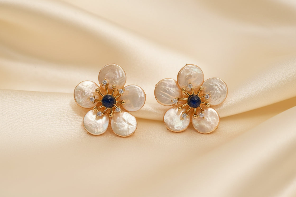 Capri Lapis & Freshwater Pearl Floral Earrings - Coastal Luxury Jewelry