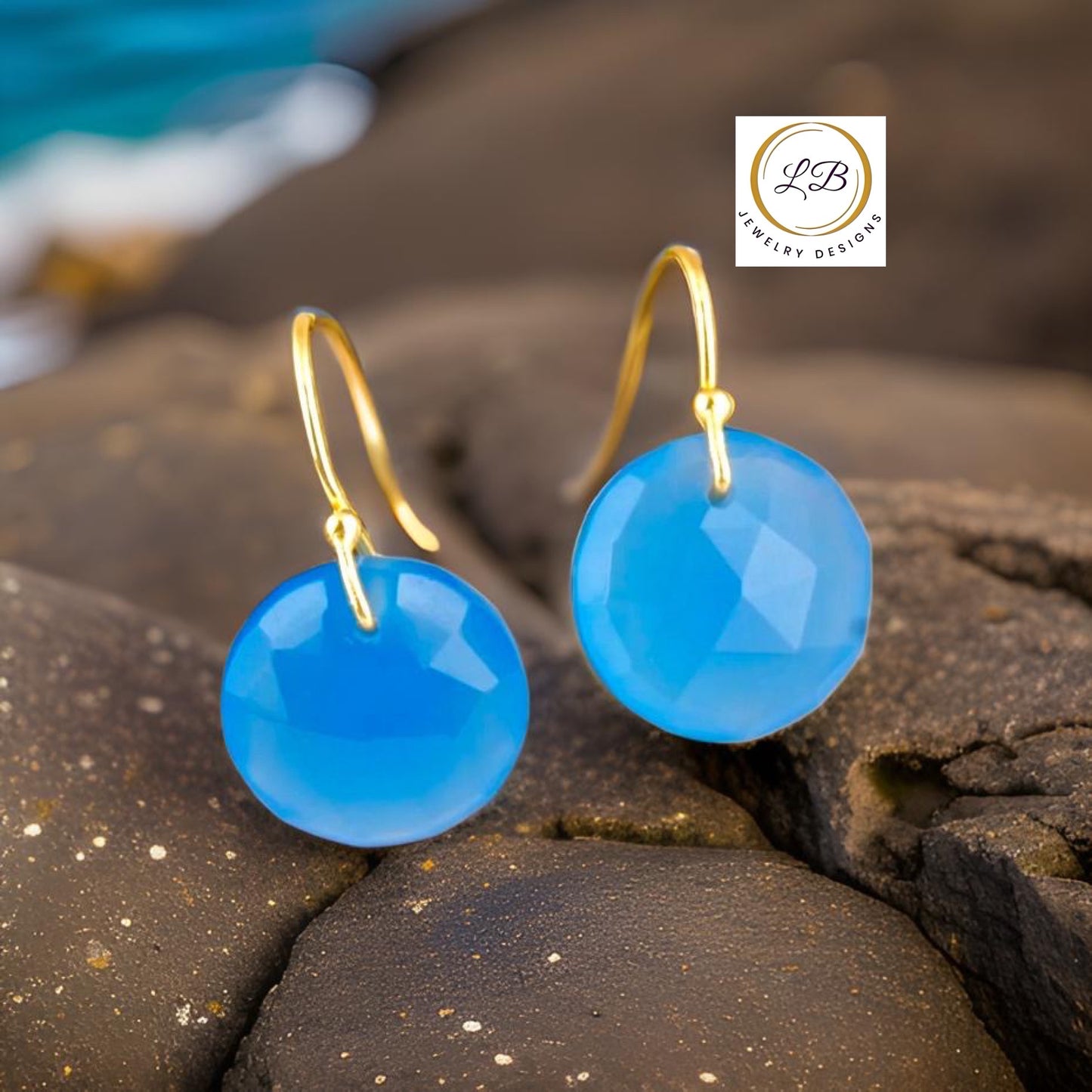 Blue Chalcedony Gold Earrings 1.5”
