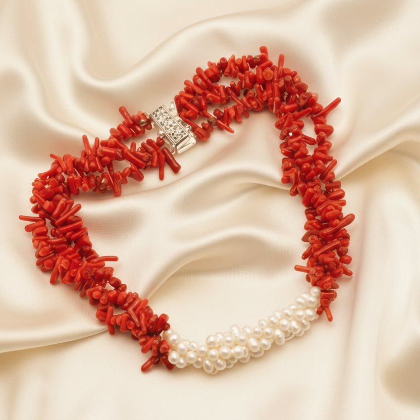 Ibiza Red Coral & Freshwater Pearl Triple-Strand Necklace - Luxury Coastal Statement Jewelry