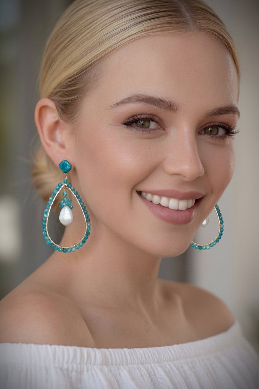 Capri Blue Apatite & Coin Pearl Statement Hoop Earrings