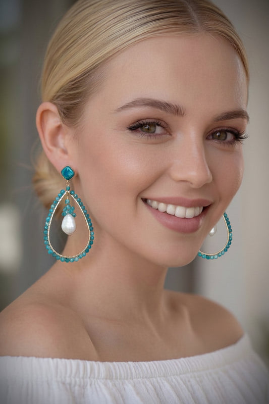 Capri Blue Apatite & Coin Pearl Statement Hoop Earrings