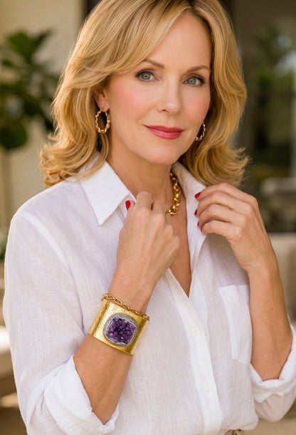 Capri Amethyst Druzy Cuff Bracelet – Hammered 18k Gold Statement Bracelet