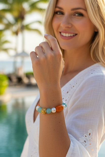 Amalfi Aquamarine, Carnelian & Pearl Bracelet - Coastal Luxury Stretch Bracelet