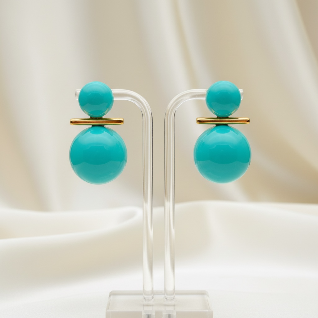 Capri Turquoise Double Bead Gold Bar Stud Earrings