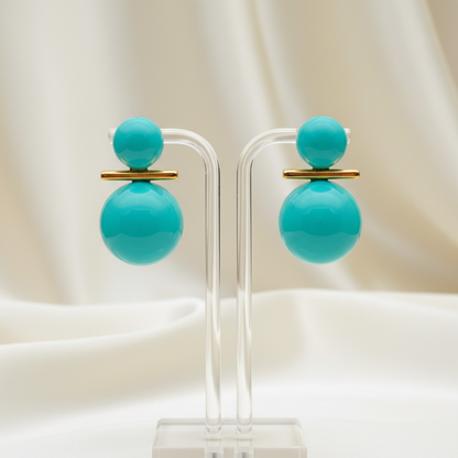 Capri Turquoise Double Bead Gold Bar Stud Earrings