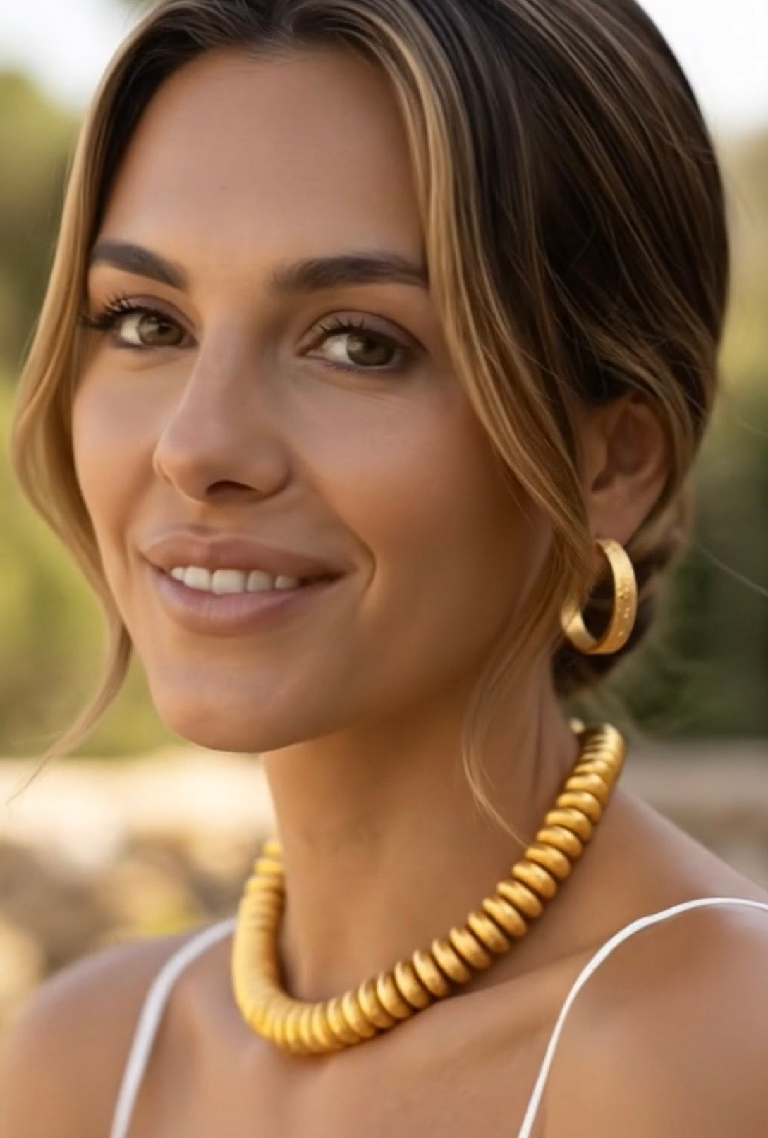 Montecito 22K Gold Vermeil Disc Beaded Jewelry Set – Sculptural Necklace, Bracelet & CZ Hoop Earrings