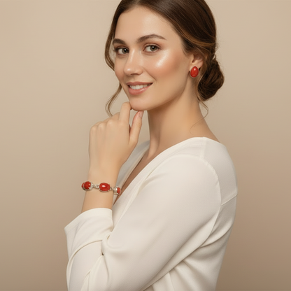 Capri Red Coral Jewelry Set – Statement Bracelet & Stud Earrings in Sterling Silver