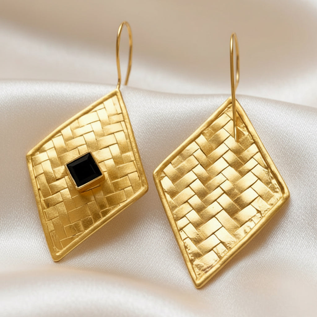Capri Noir Black Onyx Basket Weave Gold Vermeil Statement Earrings