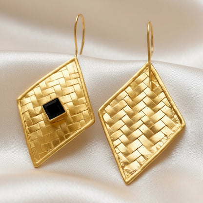 Capri Noir Black Onyx Basket Weave Gold Vermeil Statement Earrings