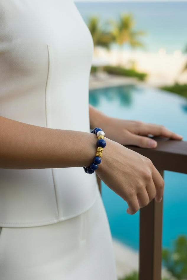 Capri Lapis, Pearl & Blue Lace Vermeil Bracelet | Coastal Luxury Bracelet