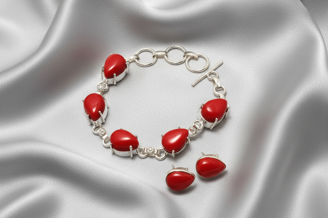 Capri Red Coral Jewelry Set – Statement Bracelet & Stud Earrings in Sterling Silver