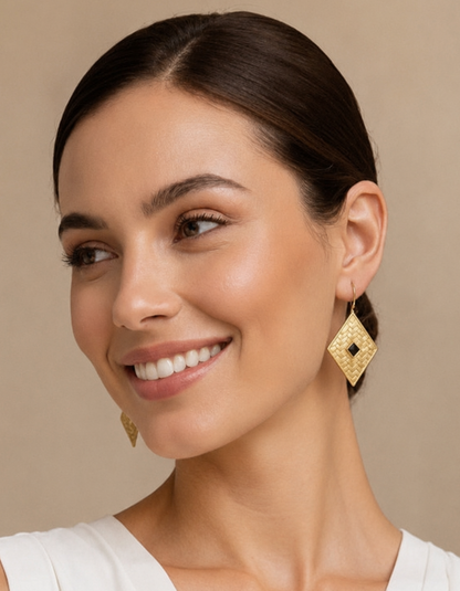 Capri Noir Black Onyx Basket Weave Gold Vermeil Statement Earrings