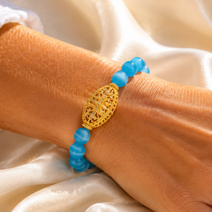 Capri Aqua Cat’s Eye Fire Opal & 18k Gold Vermeil Filigree Bracelet | Limited Edition
