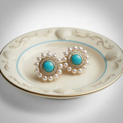 Capri Turquoise & Pearl Halo Statement Stud Earrings