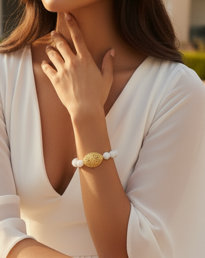 Montecito White Alabaster & Gold Filigree Statement Bracelet